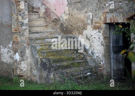 Close-up picture of an abandoned house, focusing on the old stairs and the old door Stock Photo