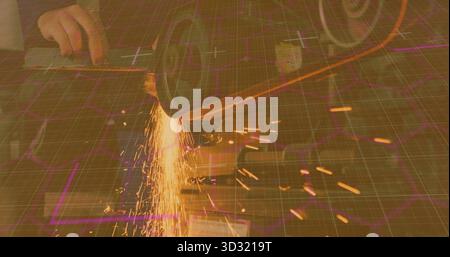 Grinding rotating angle grinder wheel slicing metal bar on workbench, with bench vise sparks Stock Photo