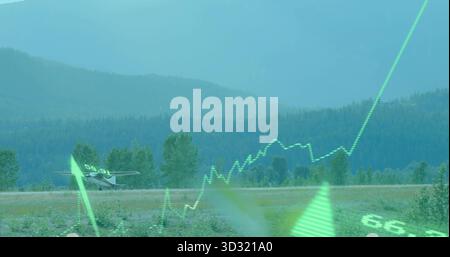 Taxiing single-engine plane on grass runway bordered by shrubs in valley, with neon green overlays Stock Photo