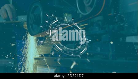 Grinding workpiece in shop wearing workwear against rotating bench grinder with digital overlay Stock Photo