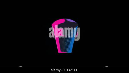 Displaying neon pink and blue stylized helmet graphic shining on black digital backdrop, futuristic Stock Photo