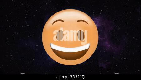 Displaying large orange smiling emoji face floating in star-filled outer space, with purple nebula Stock Photo