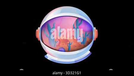 Showing astronaut helmet visor revealing orange dunes on black void, with blue cacti and spheres Stock Photo
