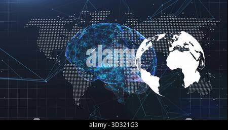 Displaying neural network brain glowing lines in digital space, with dotted world map, white globe Stock Photo