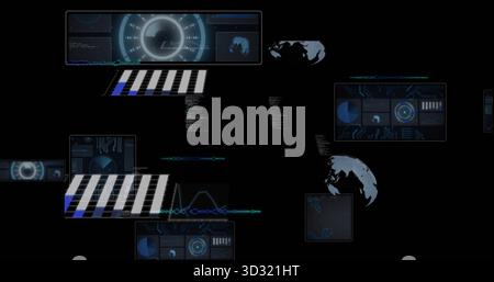 Floating cluster projecting data panels on dark digital dashboard, with HUD dial and pie chart Stock Photo