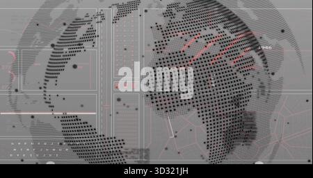 Displaying dotted globe on screen, featuring panels grid overlays numeric labels and network lines Stock Photo
