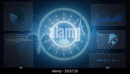 Displaying glowing circular data visualization chart on grid interface, with code snippet panel Stock Photo