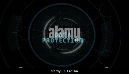 Displaying circular interface showing glowing cyan DATA PROTECTION text in virtual dashboard Stock Photo