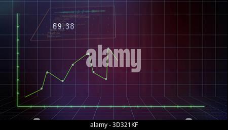 Displaying green polyline chart rising on translucent dashboard panel showing 69 Stock Photo