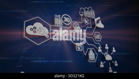 Displaying cloud workflow on digital interface, with cloud gear wrench icon and nodes Stock Photo