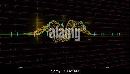 Displaying neon waveform lines pulsing on dashboard, with red grid lines, cyan bars, numeric labels Stock Photo