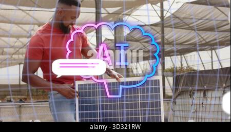 Inspecting tech in red t-shirt and jeans holding solar panel in greenhouse, AI overlay, copy space Stock Photo