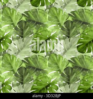 Seamless pattern Illustration featuring hand-drawn bright green watercolor Monstera leaves. Design for summer fashion, vibrant tropical background Stock Photo