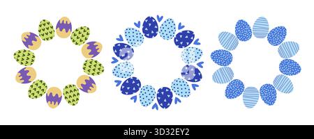 Three distinct wreaths made of decorative eggs in various colors and patterns are displayed. These wreaths capture the essence of spring festivities a Stock Vector