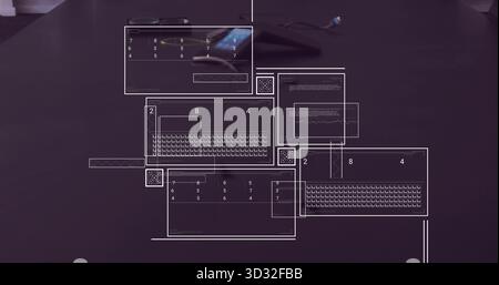 Displaying dark workstation desk featuring smartphone, loose cable connector, and wireframe panels Stock Photo