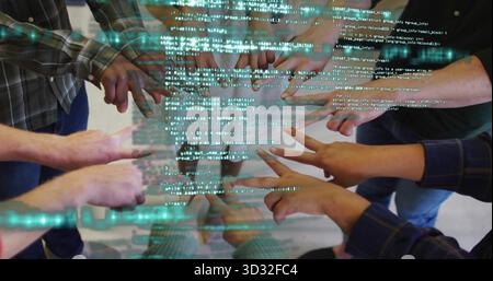 Pointing engineers' arms converging on floating code display in office area, with hologram lines Stock Photo
