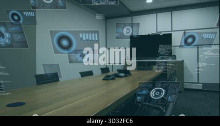 Displaying conference table with open laptop and speakerphone in boardroom, with holographic UI Stock Photo