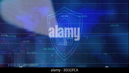Displaying blue shield holding padlock icon in interface with world map overlay, percentage values Stock Photo