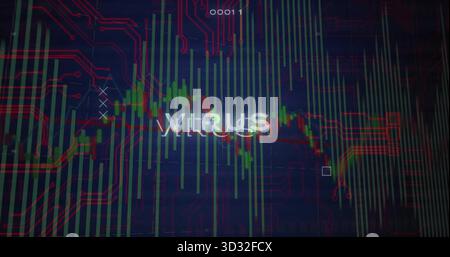 Displaying glitch-style VIRUS over green red candlesticks on data screen, circuit traces 0001 Stock Photo