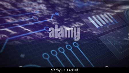 Displaying interface overlay in dashboard, with grid and circuit nodes, translucent panels Stock Photo