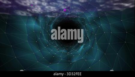 Displaying dark central void opening in 3D mesh tunnel, with polygonal lines and network nodes Stock Photo