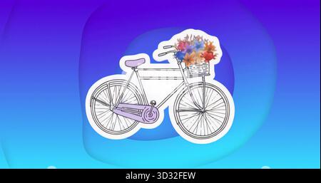 Displaying bicycle with pastel saddle, wicker basket with colorful flowers on gradient background Stock Photo