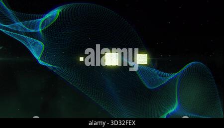 Floating three glowing yellow squares oscillating above neon-green blue wave mesh in abstract void Stock Photo