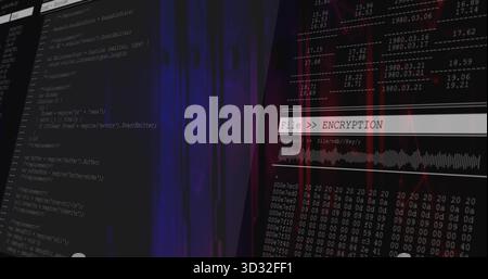Displaying monitor showing code editor with encryption panel on dashboard, with hex dump output Stock Photo