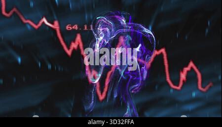 Glowing purple skull floating in data void, showing red graph at 64 Stock Photo