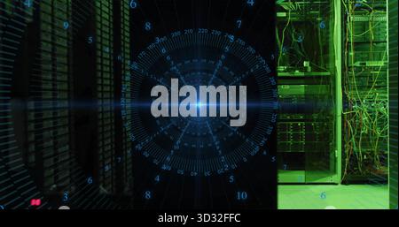 Displaying digital heads-up overlay glowing over data center, with server racks and network cables Stock Photo