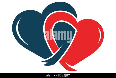 A graphic of two hearts one red and one blue intertwined Stock Vector
