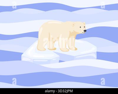 Cartoon illustration of an adult polar bear standing on a small iceberg with wavy blue and white snow and ice shapes. This arctic wildlife scene shows Stock Vector