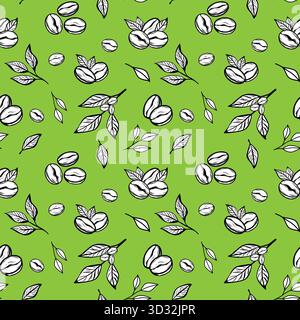Vector seamless pattern with coffee beans and branches on green background, ideal for packaging, cafe decor, fabric, and branding design. Stock Vector