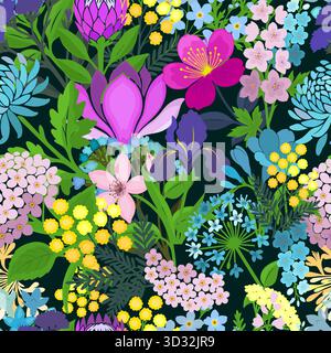 Blooming Meadow Boho dark Seamless Pattern. Ditsy Print. Wildflowers Vintage Background. Simple Different Small Flowers. Millefleurs Liberty Style Stock Vector