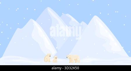 Snowy arctic landscape featuring three polar bears standing in snow at the base of large blue and white mountains. Falling snowflakes and pale blue sk Stock Vector