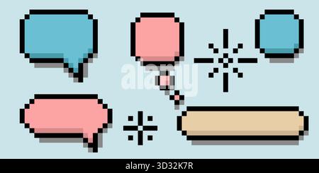 Cute pixel speech bubble set in pastel colors with frame elements and text boxes. 8 bit dialogue clouds for game development, mobile app interface Stock Vector