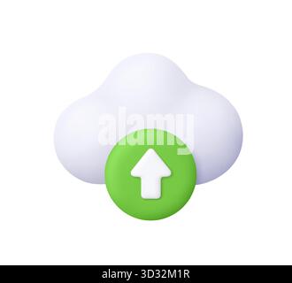 White cloud with a green circle and white upward upload download arrow. Data transfer, cloud storage, cloud computing, digital storage and online back Stock Vector