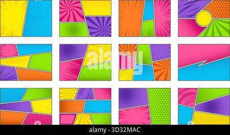 Comic book frame. Colored manga template. Pop art cartoon page with grid and boxes. Anime horizontal cover with explosion speed lines and halftone Stock Vector