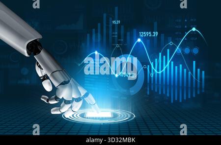 A robotic hand engages with a digital interface, showcasing data analytics and financial trends. This image represents the intersection of technology Stock Photo