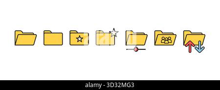 Set of folder icons in vintage computer interface style. Digital storage, document organization, system navigation. Open and close , starred and Stock Vector