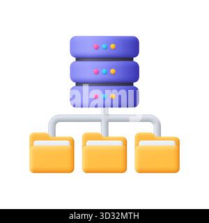 Purple server rack connected to three yellow folders. Data storage, cloud computing, file management, network organization and information technology Stock Vector