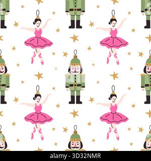 This cheerful design features ballet dancers in pink tutus alongside nutcracker figures and golden stars, perfect for holiday crafts and decorations. Stock Vector