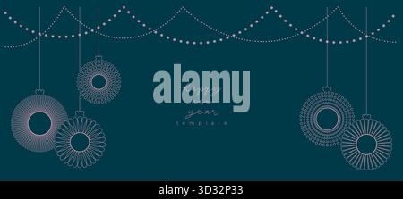 Line Happy new year, Christmas luxury banner, card with simple toy, ball, bauble on blue background. Festive winter holiday modern minimalist vector Stock Vector