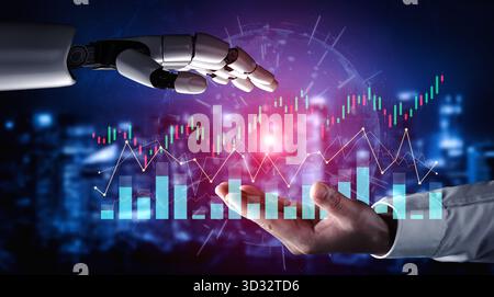 A futuristic scene depicting a robotic hand reaching toward a human hand, symbolizing the synergy between technology and finance through dynamic data Stock Photo