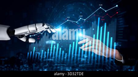 A captivating image of a robotic hand reaching out to a human hand, symbolizing the synergy between technology and finance, showcasing data trends and Stock Photo