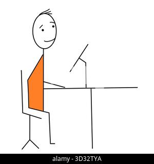 man working in office stick figure office setup atmosphere happy worker productivity Stock Vector