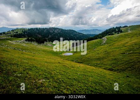 ramatic alpine landscape with rolling green hills, a small pond, and a stormy sky over forested mountains in Asiago, Italy. Peaceful and wild mountain Stock Photo