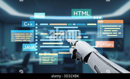 A robotic hand interacts with a vibrant coding language interface in a modern tech environment, symbolizing the future of programming and innovation i Stock Photo