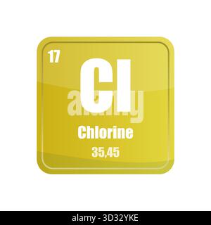 Chlorine chemical element tile. Atomic number seventeen. Cl sign Vector icon. Lime yellow square shape. Stock Vector