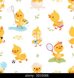 Yellow ducklings seamless pattern. Funny duckling characters, children design. Cute print with tiny cartoon ducks for fabric, wallpaper, nowaday vecto Stock Vector